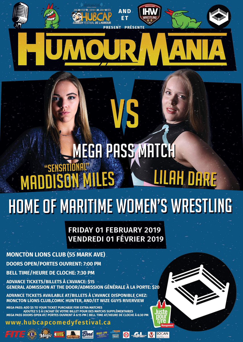 WrestlingIHW's tweet photo. Friday! What away to kick of Maritime Wrestling in 2019! #HumourMania is here and it is huge! Get your advance tickets now to save at the door. Mega Pass and Front Row doors open at 6 for an exclusive meet and greet with film star and Maritime Wrestling Legend, @Robert_Maillet! https://t.co/3r38OanLYI