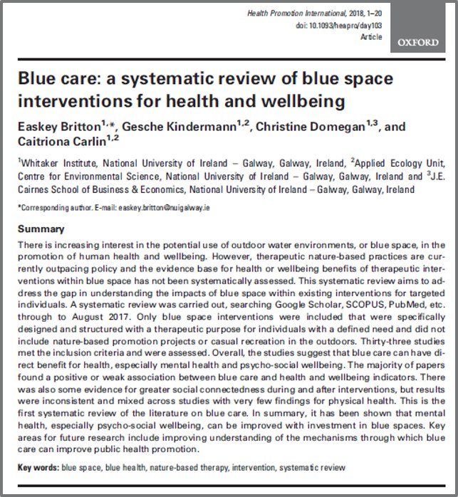 Nice #SystematicReview of 33 studies exploring #BlueSpace interventions for health & #wellbeing - overall findings show that blue care can have direct benefit for health, especially mental health & psycho-social wellbeing bit.ly/2AlpCjJ #BlueHealth @Easkeysurf