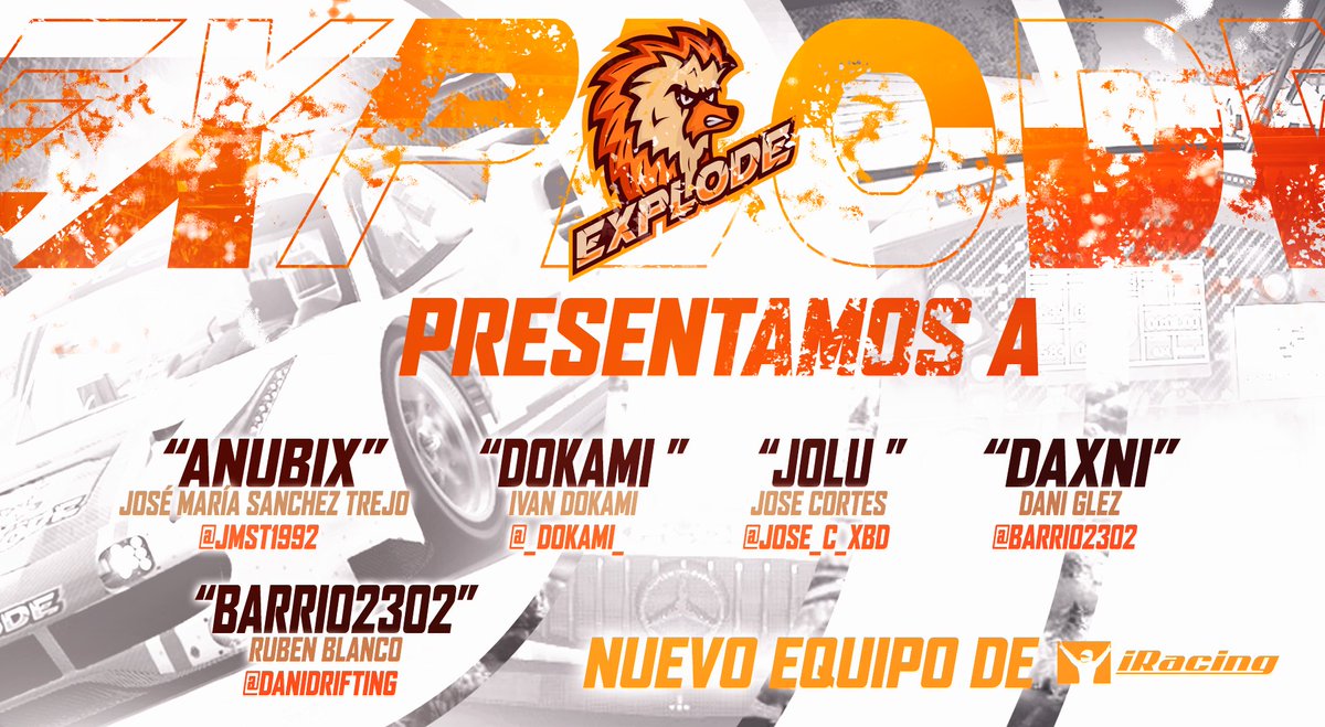 [#Presentación]
Tenemos el placer de presentaros el nuevo equipo de <a href="/iRacing_es/">iRacing.es</a>. !Estamos muy contentos de trabajar con vosotros!
@barrio2302 <a href="/_dokami_/">Dokami</a> <a href="/Daxni27/">Daxni</a> @JMST1992 @Jose_C_XBD 

#GoeXpl 🦔🧡