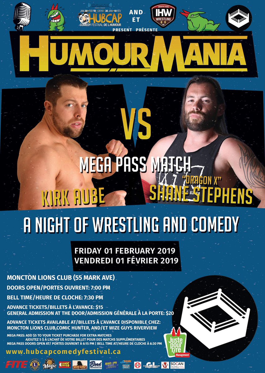 WrestlingIHW's tweet photo. Only a couple of front row seats left!
Tickets now available online at 
https://t.co/r4l2xyribs
or at the following outlets:
@remicomichunter | @LionsMoncton | Wize Guyz Riverview
Facebook Event: https://t.co/Y7GaCVxtjl
@HubcapComedy Festival de l'humour HubCap and  IHW Wrestling https://t.co/93TtwJq4F2
