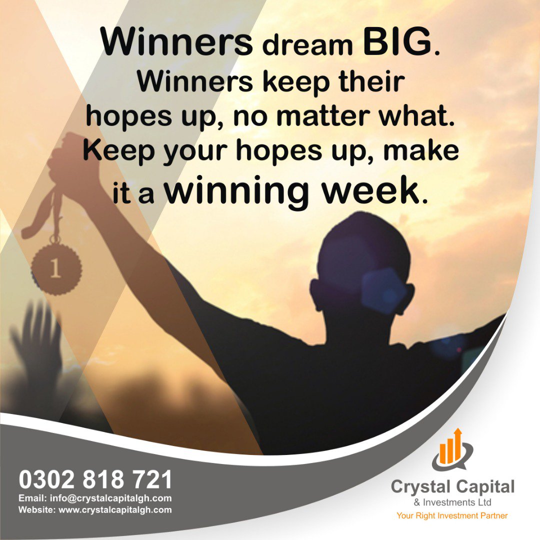 Crystal_Capital's tweet photo. Winners dream BIG. Winners keep their hopes up, no matter what. Keep your hopes up, make it a winning week.
#WinningStrategies #InspiringU #HappyNewWeek #Bemoneysmart #Askushow 0302818721 https://t.co/WFDr5TELq9