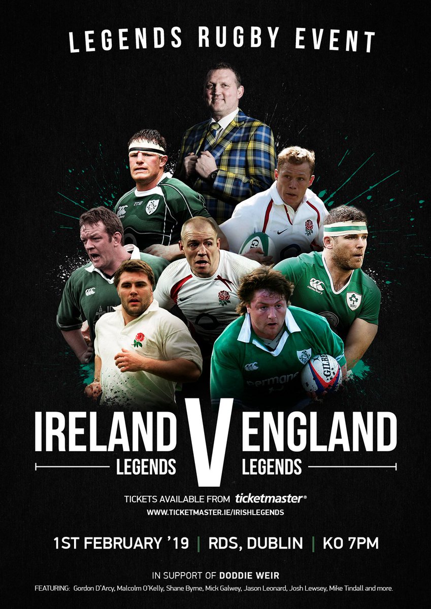 Legends Rugby Event taking place this Friday 1st February at 7pm! Tickets are €15. All proceeds will be going to My Name’5 Doddie Foundation in support of George “Doddie” Weir to raise awareness for Motor Neuron Disease. This is ALWAYS an amazing family fun night out.