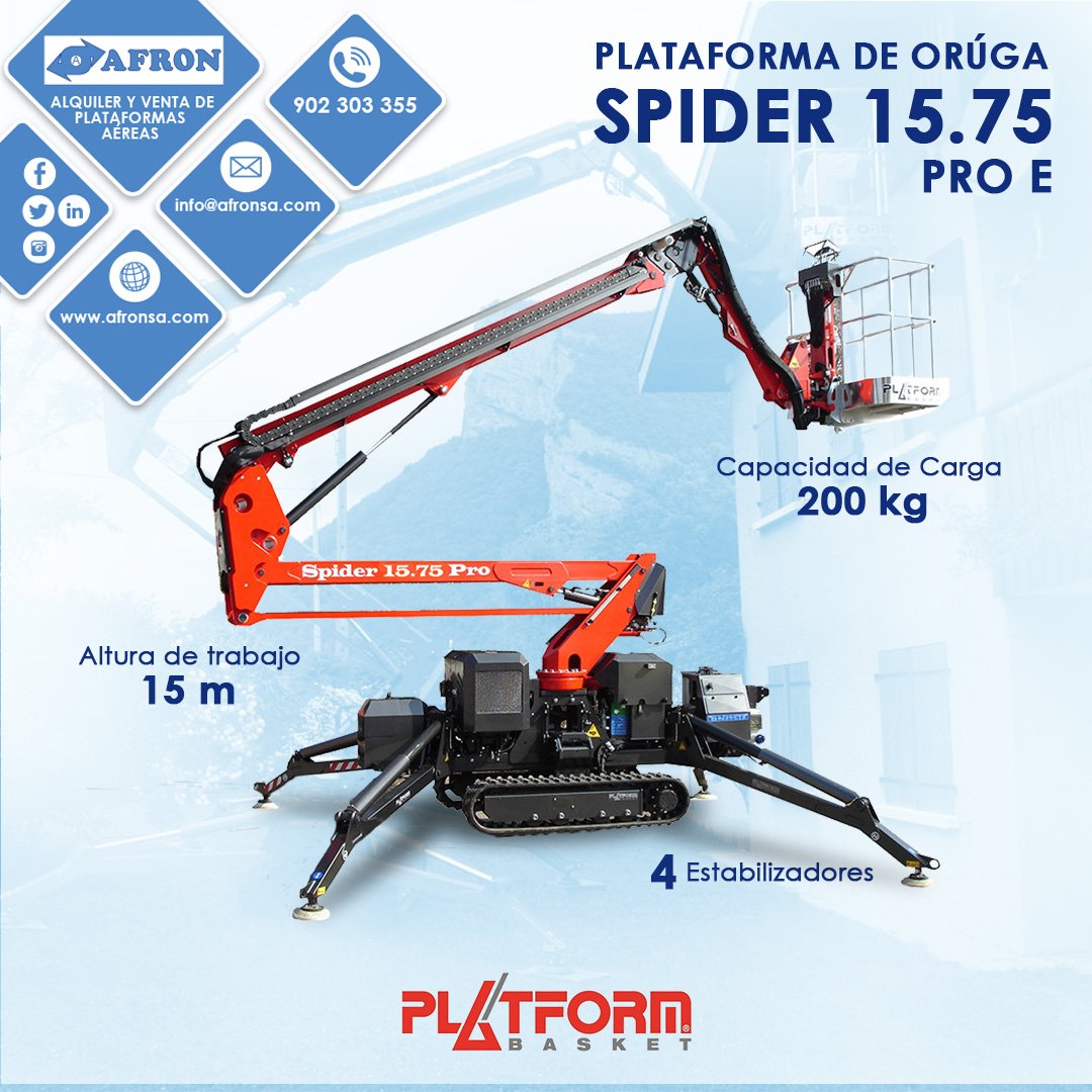 AfronSL's tweet photo. La Spider 15.75 Pro E es una plataforma con aguilón articulado para mayor versatilidad, bajo peso y fácilmente transportable, ligera y firme gracias al ancho variable de oruga con gran estabilidad. ¡Mejora tu trabajo! https://t.co/3ZMpa2ll36 #plataforma #platforms #platformbasket https://t.co/uZx23dsylN