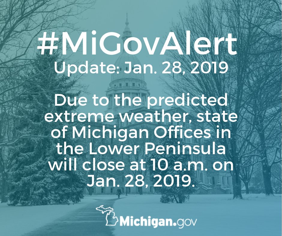 GovWhitmer's tweet photo. Due to the emergency snow conditions, all state offices in the Lower Peninsula will be closed today. All drivers are encouraged to stay off of the roads. If you must be out, please drive safely and be respectful of road crews working to clear snow and ice.
https://t.co/rOCsnFLb0Q https://t.co/AAGNzHyn9Q