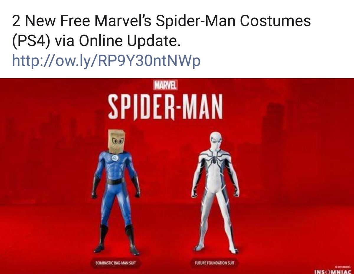 TheStwww's tweet photo. New suits for all you spidey folk via @cheapassgamer 

#SpiderMan 
#marvelcomics 
#twitch 
#PS4share https://t.co/qfjR6gz9D4