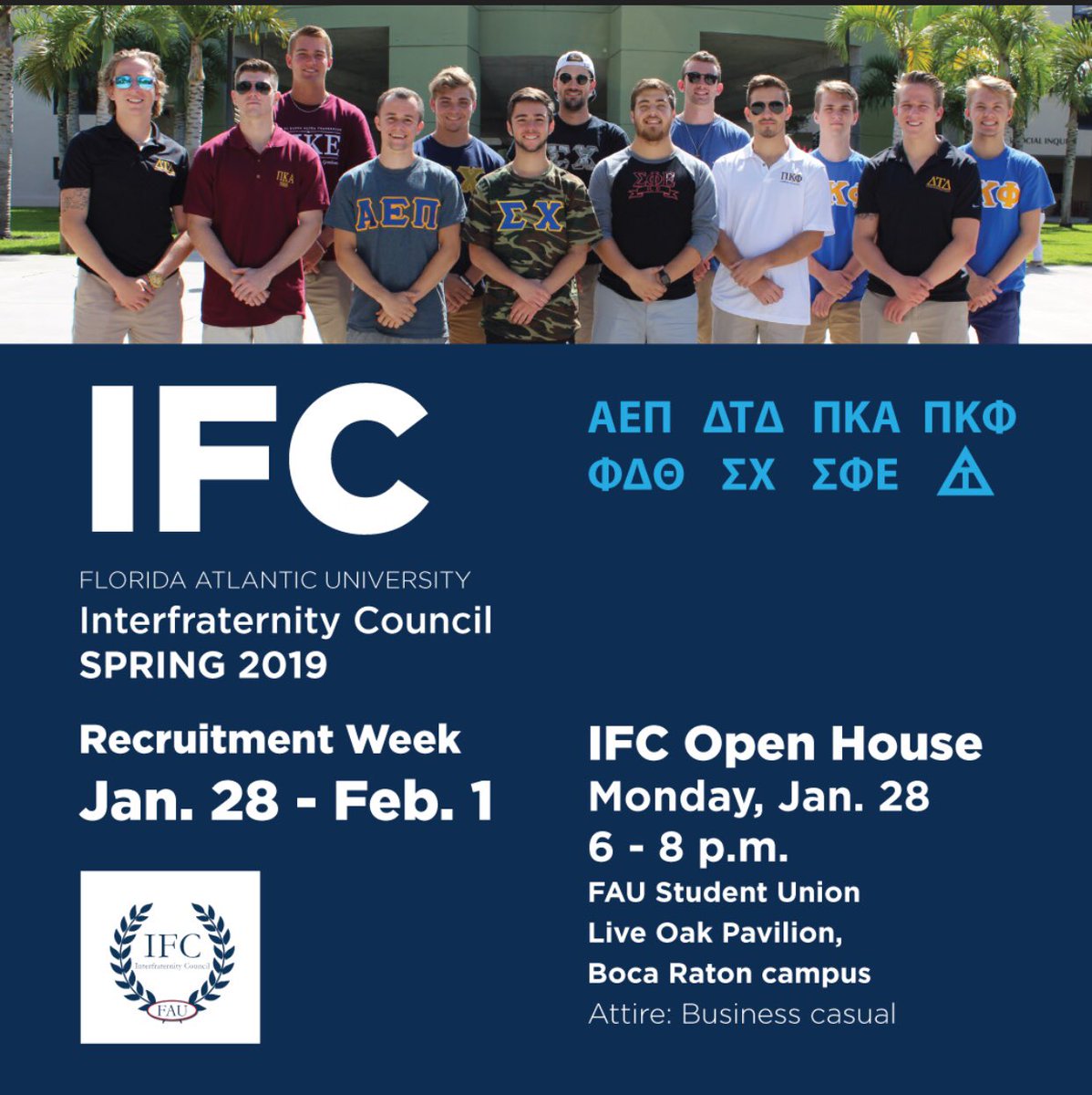 Interested in joining an @fauifc fraternity? Come to tonight’s open house and learn more about each of the brotherhoods! #FAU #FAU22 #FAU21 #FAU20 #FAU19 #FAUFSLife