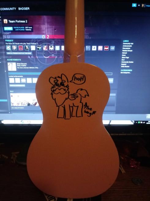 Cliff_Badger's tweet photo. My Pink As Hell totally real Fender ukulele with totally real pearl inlays. 
With high quality graphics on the back courtesy of totally professional artist @theofficialwag 
#ukulele https://t.co/Sg6i8lZajh