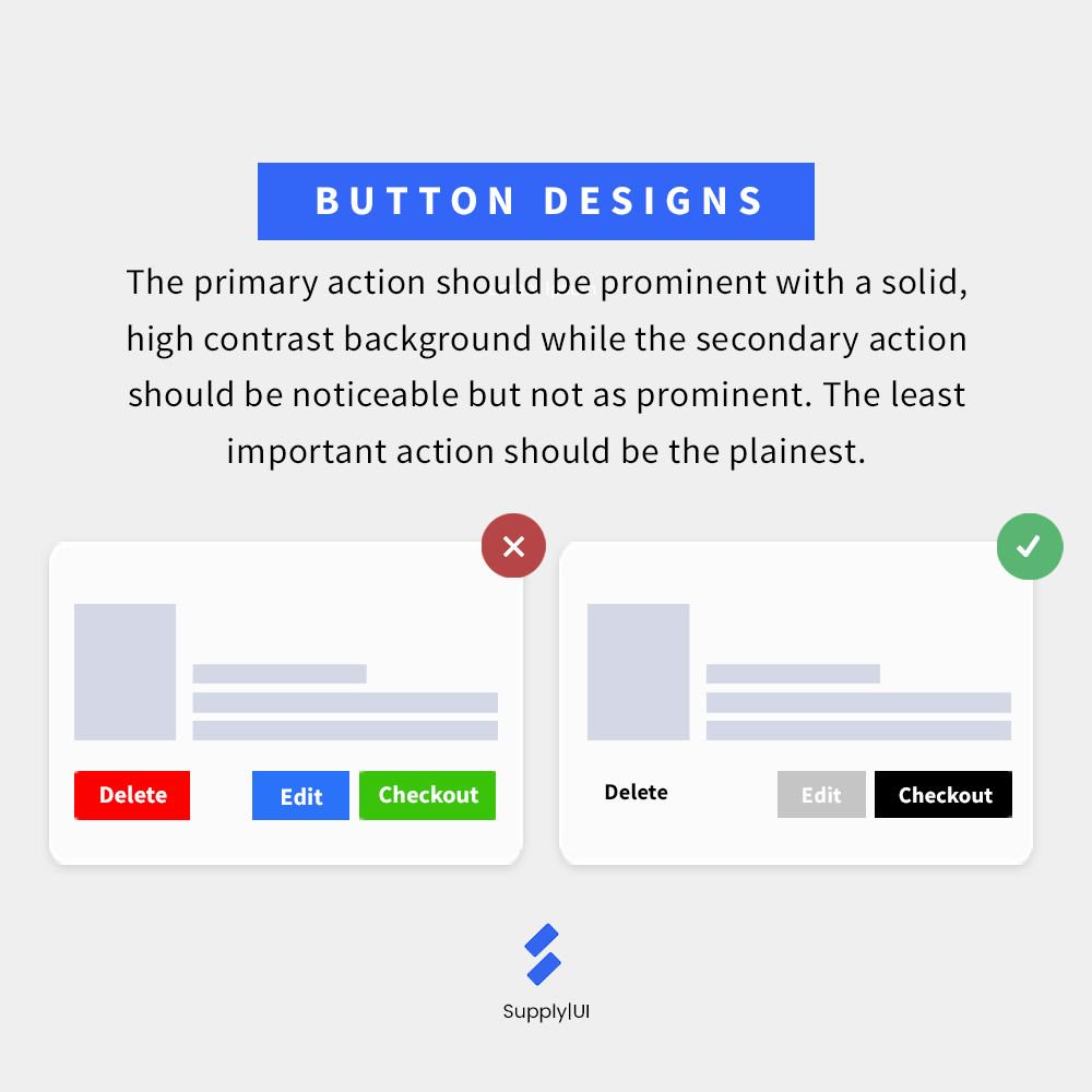supplyuico's tweet photo. When designing buttons, it is important to rank them according to their significance. The most important action should stand out while the least important action should be easy to find but not obvious.
#ui #ux #uiux #designinspiration #designthinking https://t.co/DJtmTPLI2x