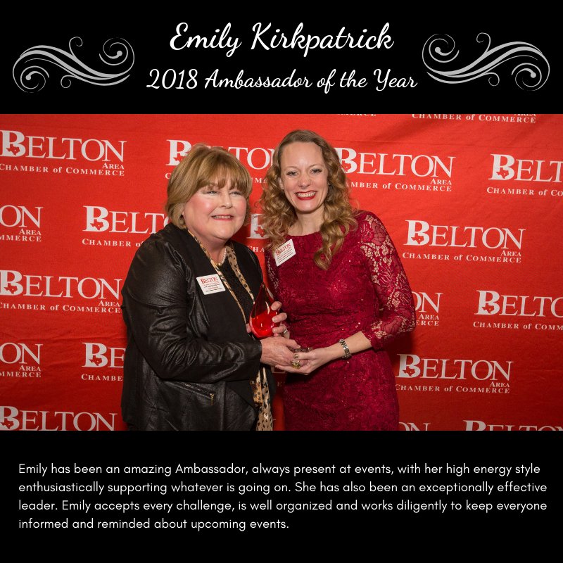 Congratulations Emily Kirkpatrick! Emily is the 2018 Ambassador of the Year. #welovebelton #investinyourcommunity #beltonchamber