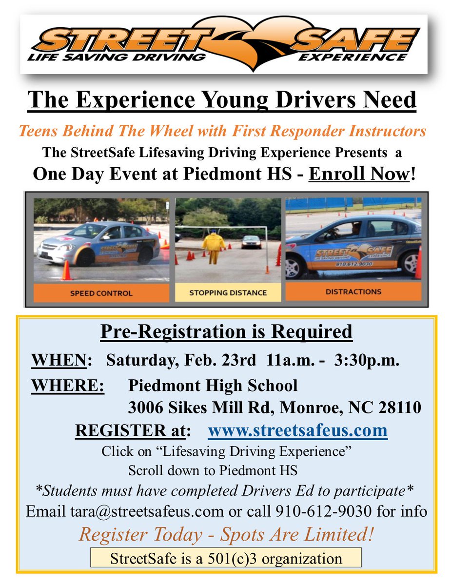 streetsafeus's tweet photo. Excited for our debut session @piedmontHS_NC on March 23rd! Still  time to register your teen driver if you live in Union County. Just a few spots left! Sign up today at https://t.co/vOMNQsprhF @UCPS_MonroeNC  #teendriver #teamucps #piedmonthighschoolNC https://t.co/cxOvWRGb30