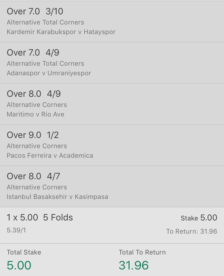 💰5.39/1 Corner Acca💰

Stake £5 returns £31.96

Smash ❤️ if your on!