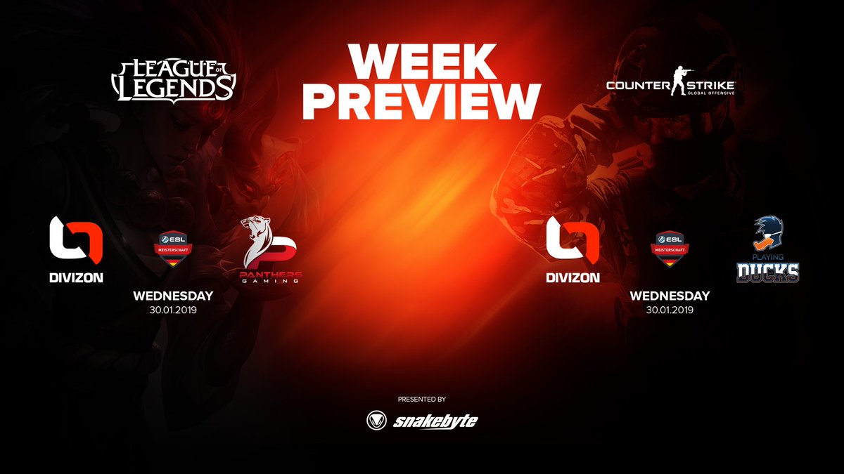 DIVIZON (@divizongg) on Twitter photo An overview for this weeks matches!
#LoL: DIVIZON 🆚 <a href="/pnthrsgg/">PANTHERS Gaming</a>
#CSGO: DIVIZON 🆚 <a href="/PlayingDucks/">Playing-Ducks e. V. 🇩🇪🦆</a>
#goDIVIZON #DIVWIN An overview for this weeks matches!
#LoL: DIVIZON 🆚 <a href="/pnthrsgg/">PANTHERS Gaming</a>
#CSGO: DIVIZON 🆚 <a href="/PlayingDucks/">Playing-Ducks e. V. 🇩🇪🦆</a>
#goDIVIZON #DIVWIN