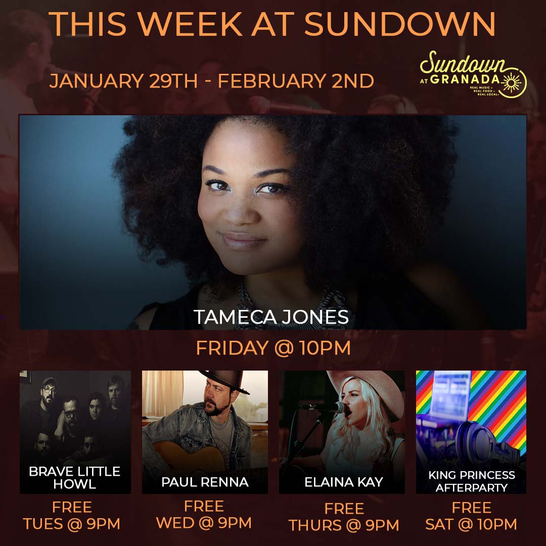 This week at Sundown, we have five exciting shows for you!

-Tues: <a href="/BraveLittleHowl/">Brave Little Howl</a> 
-Wed: <a href="/PaulRenna/">Paul Renna</a> 
-Thurs: <a href="/elainakaymusic/">Elaina Kay</a> 
-Fri: <a href="/tameca_jones/">Tameca Jones</a>
-Sat: #KingPrincess afterparty - DJ set celebrating music of Women and LGBTQ producers! 

See you all on Lower Greenville!