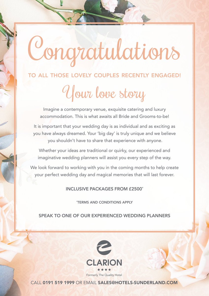 ClarionBoldon's tweet photo. Whether your ideas are traditional or quirky, our experienced and imaginative wedding planners will assist you every step of the way! 

Get in touch to discuss our wedding packages on 0191 519 1999 or sales@hotels-sunderland.com.  

#brides #wedding #engaged #engagement https://t.co/FUWu7yMeoL