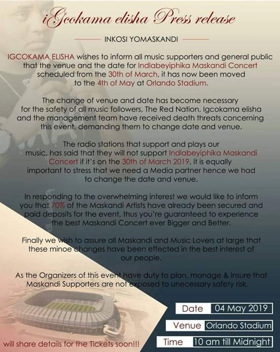 stelekane's tweet photo. #iGcokamaElishaPressRelease
It's confirmed #04thOfMay2019 #IndlabeyiphikaMaskandiFestival iyabuya siya e @OrlandoStadium akubenjaloke let's do it #MaskandiDrive https://t.co/0wMCSDTl1V