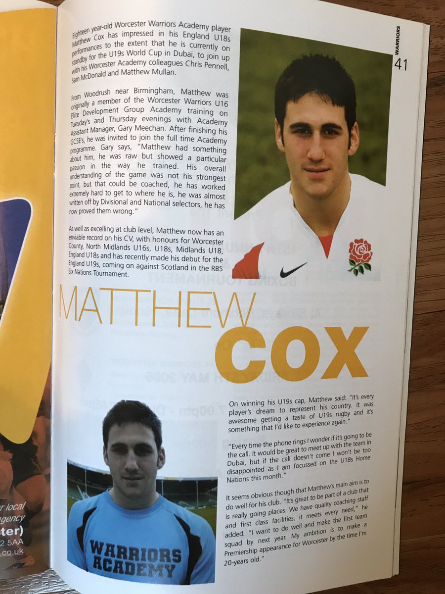 67283638484a's tweet photo. Found an old @WorcsWarriors programme from April 06 and saw this article on a young prospect, a certain fresh-faced @coxymatt . We had thrashed Wasps at home the week before so maybe more of the same next week?! #COYW https://t.co/Xy0Ag6dT50