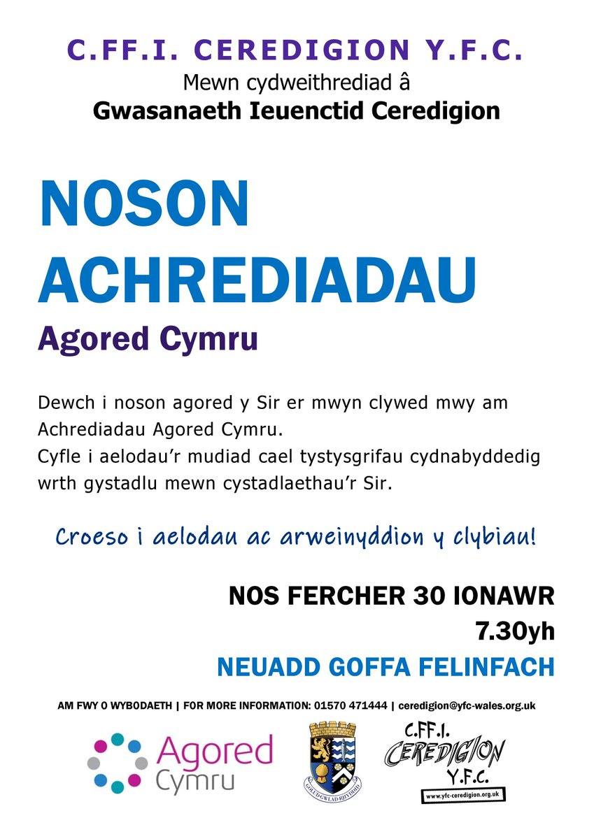CeredigionYFC's tweet photo. Cynhelir cyflwyniad i Achrediadau Agored Cymru yn Neuadd Goffa Felinfach nos Fercher yma am 7.30 y.h. Cyfle i esbonio i aelodau hyn ac arweinyddion sut i aelodau gael tystysgrifau cydnabyddedig am ei gwaith gyda’r Mudiad trwy gyd-weithio â Gwasanaeth Ieuenctid Ceredigion. https://t.co/9Qb9oTczVR