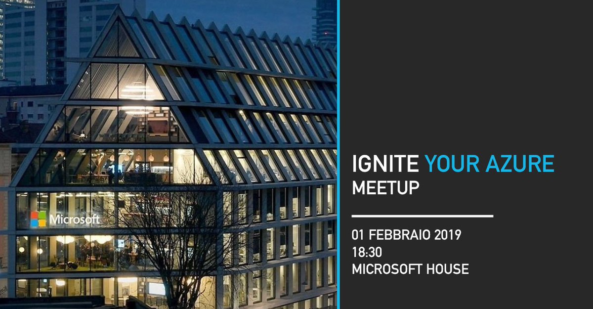 #SaveTheDate 1/02/2019 - #meetup 'Ignite your Azure', il 1°incontro organizzato dal neonato #Azure Meetup Milano al #MicrosoftHouse. Vi aspettano con 🗣 Vadim Karpusenko e 🗣 Burke Holland con pizza 🍕 e drinks 🍹 a seguire.
Registratevi: 
meetup.com/Azure-Meetup-M…
#MSIgniteTheTour