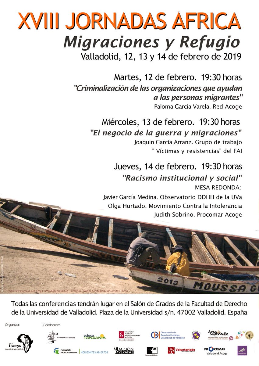 ComitesUmoya's tweet photo. 🔹 ACTIVIDAD UMOYA 🔹

12, 13 y 24 de febrero, #Valladolid acoge las XVII Jornadas #África, centradas en los procesos de #migración y #refugio. Con testimonios de @REDACOGE, @FAI_analisis, @OdhUVa, @ProcomarVLL y @EducaTolerancia. 

ENTRADA GRATUITA.

#vallagenda #RefugeesWelcome https://t.co/2q2HR6BvyA