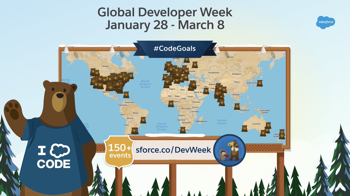 GLOBAL DEVELOPER WEEK IS HERE! 
Join +160 #TrailblazerCommunity Groups around the world to learn about lightning web components, have fun by earning a community badge and prizes (Codey figure? duffel bag?), and connecting with peers. #CodeGoals

Which stop will we see you at?