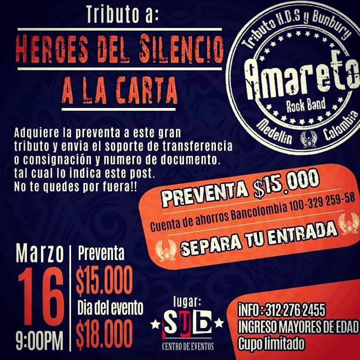 amaretorock's tweet photo. ➡️Aquí te informamos como adquirir la 🎟preventa, para este gran tributo a🤘 Héroes del Silencio. 
El sábado 16 de marzo
Hora:9:00 pm
En Bar El Sub 
Cupo limitado!!
Ingreso solo para mayores de edad (18+) https://t.co/al8FFs93wo