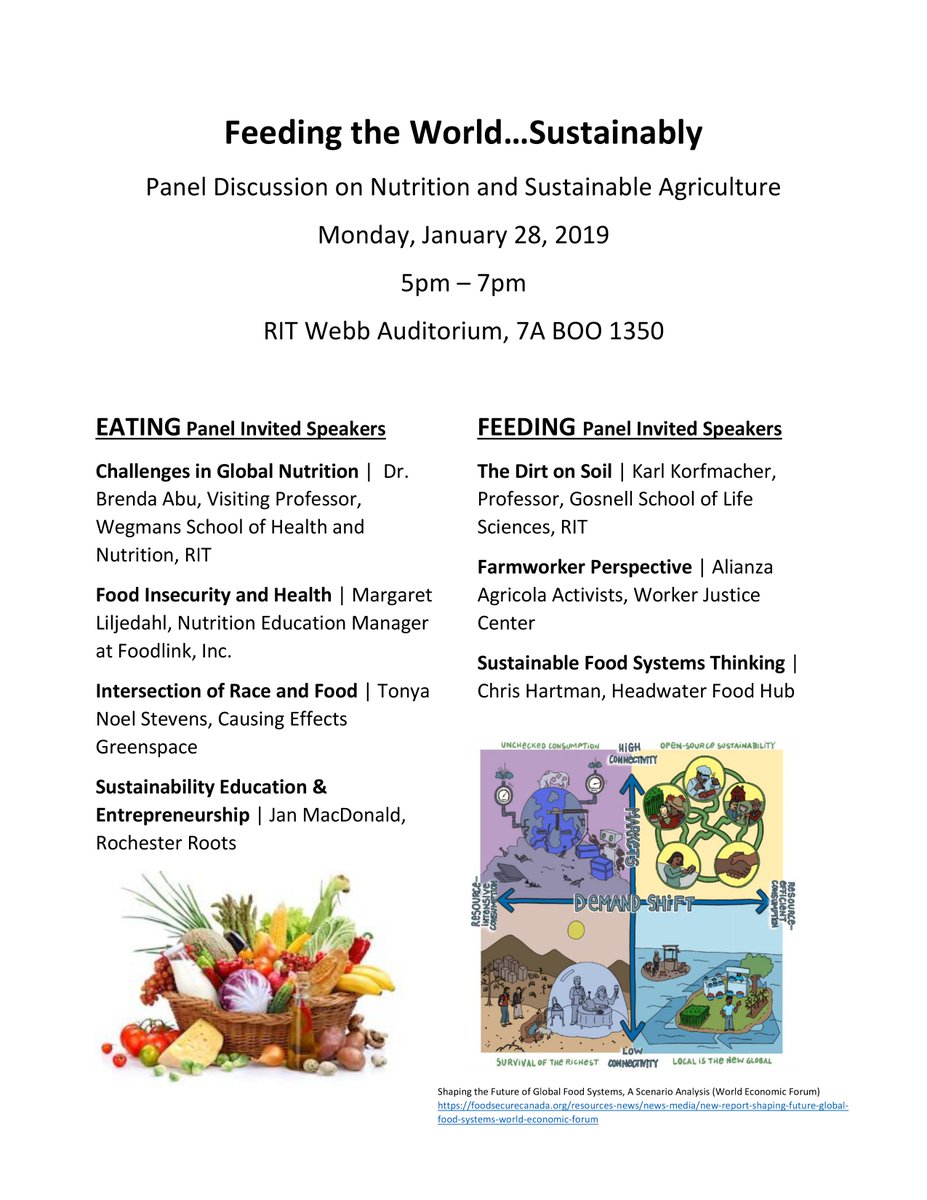 RITgreen's tweet photo. Join RIT Sustainability in a Panel Discussion TONIGHT from 5-7PM in RIT Webb Auditorium on "Feeding the World...Sustainably". Come and be a part of the conversation as our speakers discuss Nutrition and Sustainable Agriculture! https://t.co/kc9Dwduebp