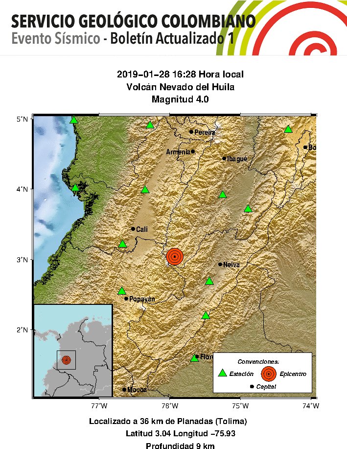 #Reportamos Evento Sísmico - Boletín Actualizado 1, 2019-01-28, 16:28 hora local. Magnitud 4.0, Profundidad 9 km, Volcán Nevado del Huila #NoticiaEnDesarrollo #Temblor #Sismo ¿Sintió este sismo? repórtelo: sismosentido.sgc.gov.co/eis?id=SGC2019…