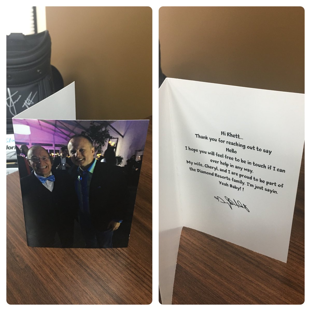 RhettBolling's tweet photo. What an incredible surprise to open the mail today and find a personal letter made with a picture of a ⁦@diamondresorts⁩ member thanking me and sharing how much his family loves being a member! https://t.co/8ZY6o2Nffj
