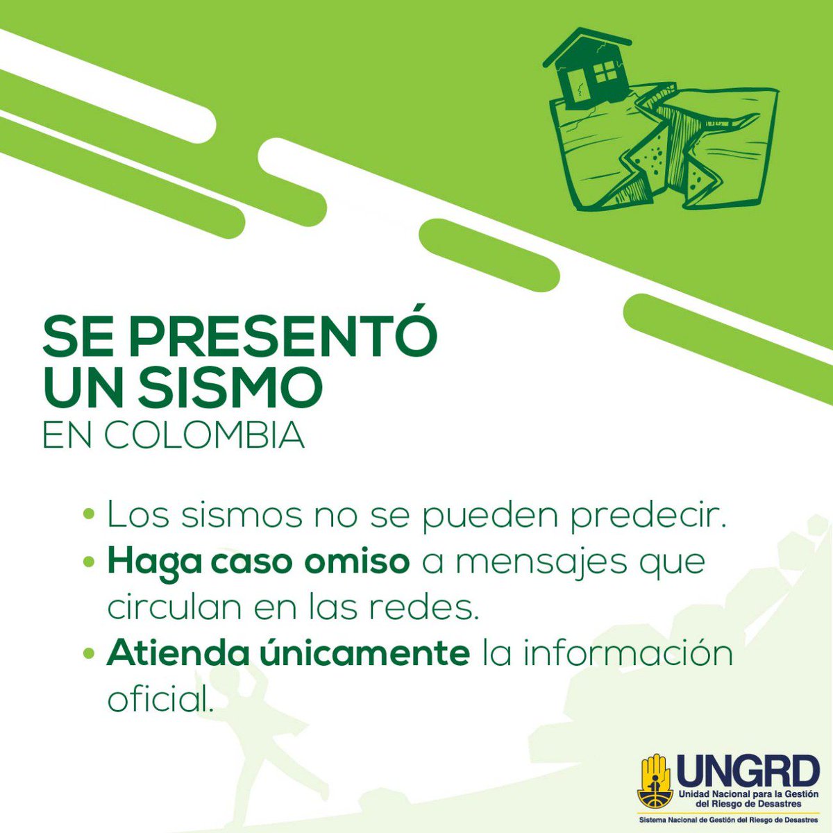 UNGRD's tweet photo. ¡Recuerde! Los sismos no se pueden predecir, no difunda, ni crea en cadenas y falsas alarmas de personas inescrupulosas que circulan en redes sociales. https://t.co/cT36p7Awc3