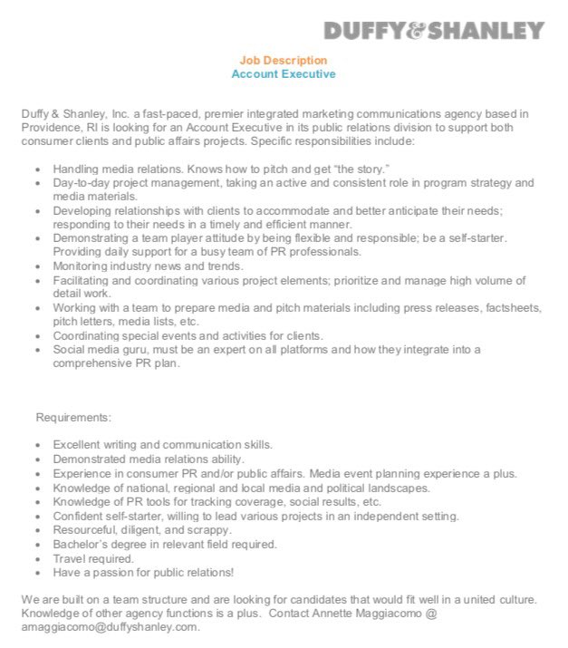 DuffyAndShanley's tweet photo. Join our team! We're looking for our next superstar Account Executive in the Public Relations division. Check out the job description. Interested & qualified candidates, please email AMaggiacomo@duffyshanley.com
#DuffyUnited #prjobs #pragency #jobsinRI #providencejobs https://t.co/SYoibomnRq