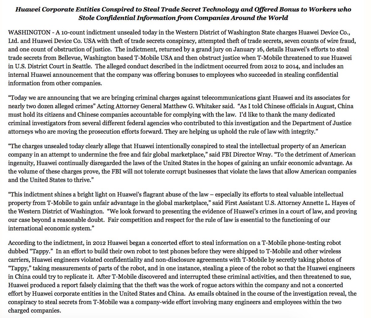 ABC's tweet photo. NEW: DOJ: "Huawei corporate entities conspired to steal trade secret technology and offered bonus to workers who stole confidential information from companies around the world." https://t.co/CmNFOIkYjT https://t.co/BOxpsCY4D0