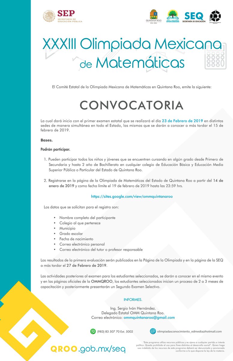 ¿Te gustan las matemáticas? Si estudias en secundaria o en 2.° o 4.° semestre de bachillerato en una institución pública o particular en el estado, ¡participa en la Olimpiada Mexicana de Matemáticas 2019 #QuintanaRoo! Regístrate en sites.google.com/view/ommquinta…