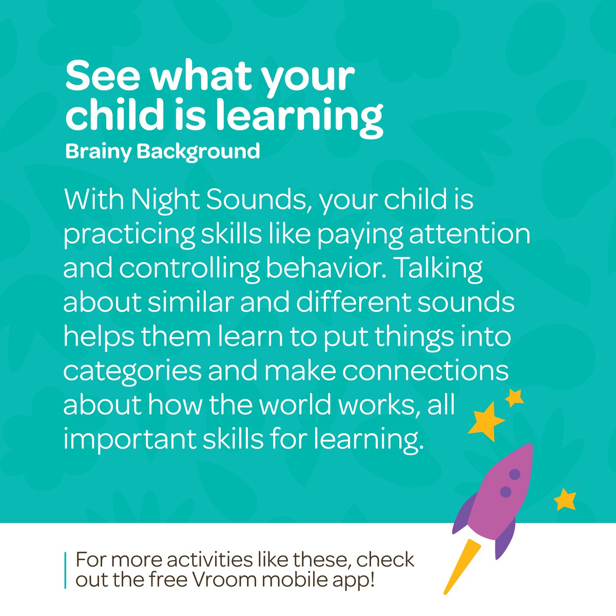 joinvroom's tweet photo. Try this #VroomTip at #bedtime. As your child gets ready to sleep, have them close their eyes and listen. This activity helps your child practice paying attention and controlling their behavior. #EarlyLearning https://t.co/AiDXf39kv3