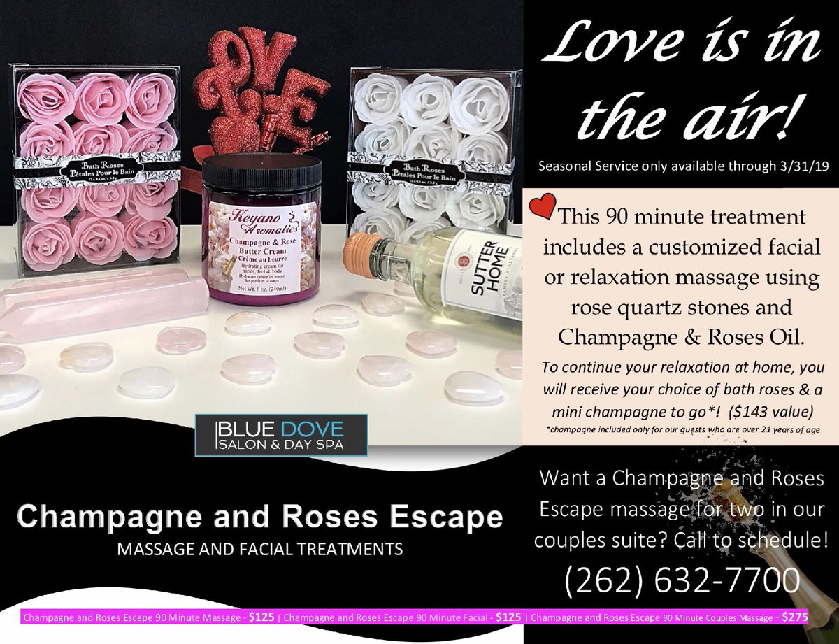 bluedovespas's tweet photo. February is right around the corner and love is in the air! Book your Champagne and Roses Escape facial or massage treatment. We also offer couple services! 🥰💕💝🌹

Call us at (262) 632-7700 or check availability &amp; book online @ https://t.co/e0cCSvIqcG https://t.co/qjEK033Wtf