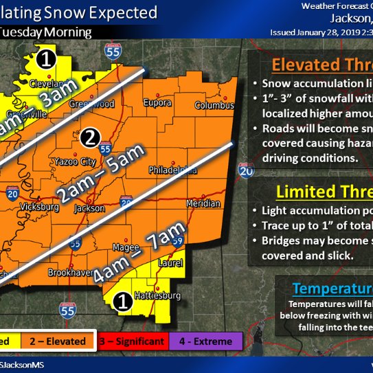 The NWS in Jackson is forecasting rain and snow throughout the evening and early morning hours. 

We will remain open and right now Delta has not changed any flight information. Please check delta.com for current flight status updates.  

weather.gov/jan/