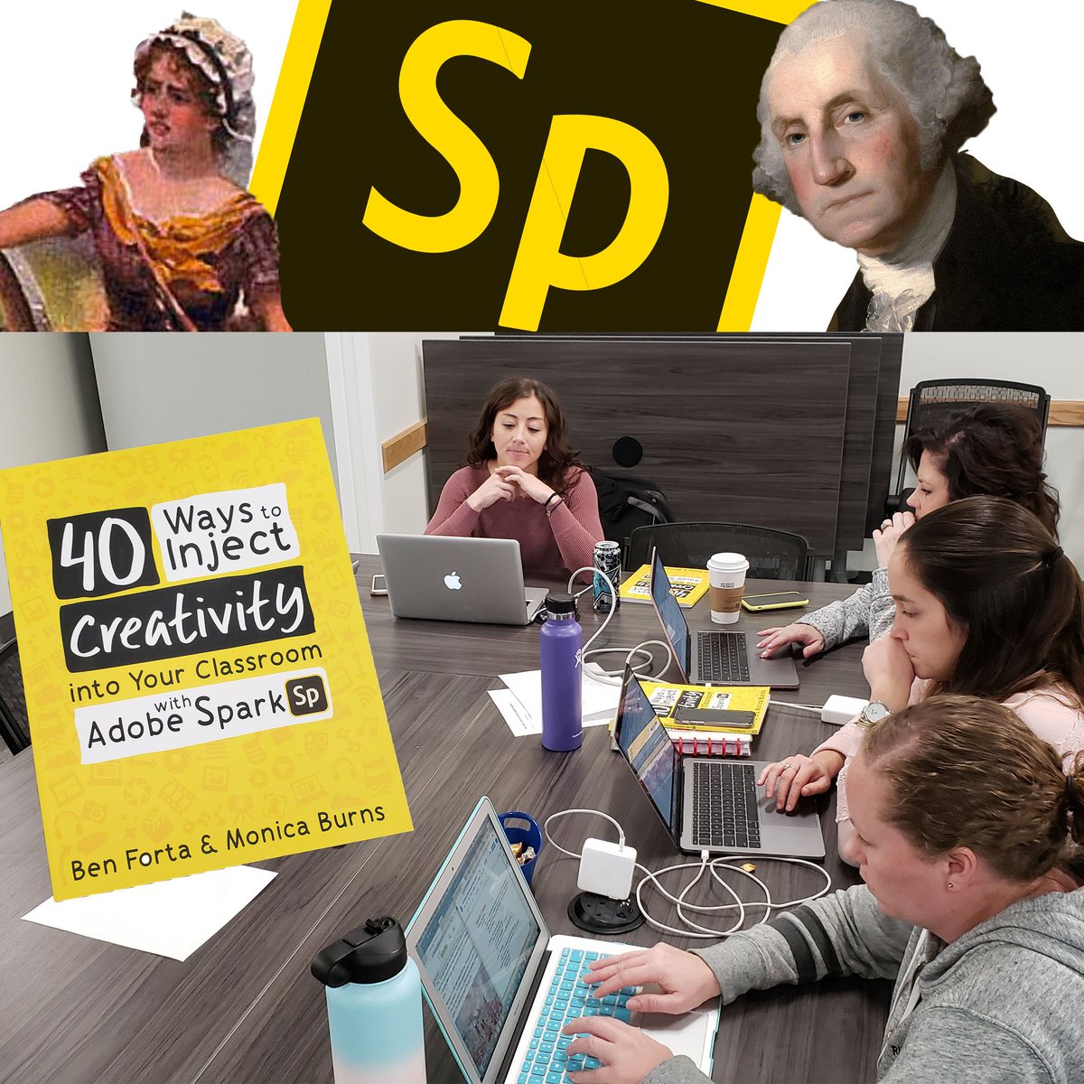 Mrjmort's tweet image. These 5th grade teachers from @RiverRockElem are learning to use @AdobeSpark in the classroom, making a video on the Revolutionary War. 
Their students will watch the video as an example and make their own videos on key events in US history.
#innovatealpine #alpineschools