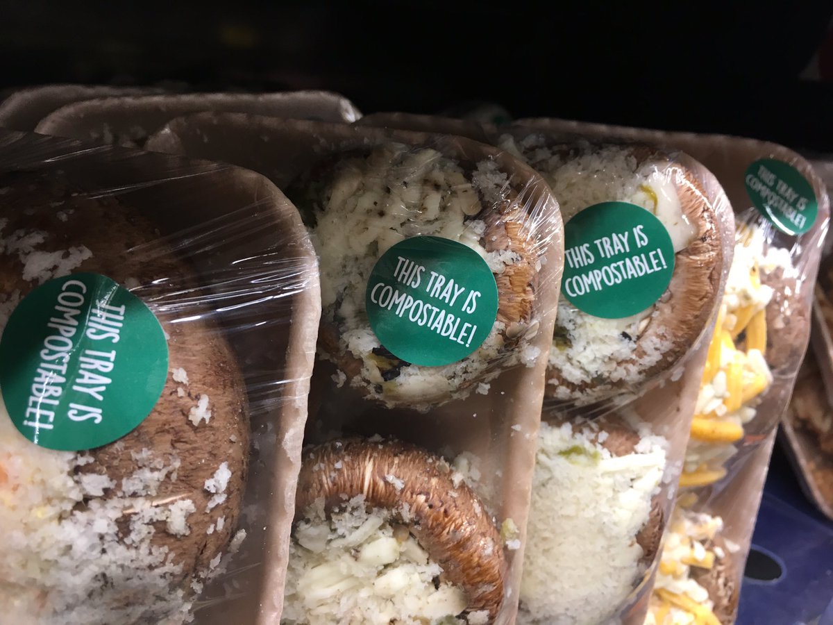 patrecycles's tweet image. #RecycleLab : Look at this! @FredMeyerStores in Ballard - using helpful mini stickers to remind folks that the beige colored foam trays are compistable in Seattle! FYI- they are made with renewable corn based substrate. Thanks for composting! @SeattleSPU @EnviroStars