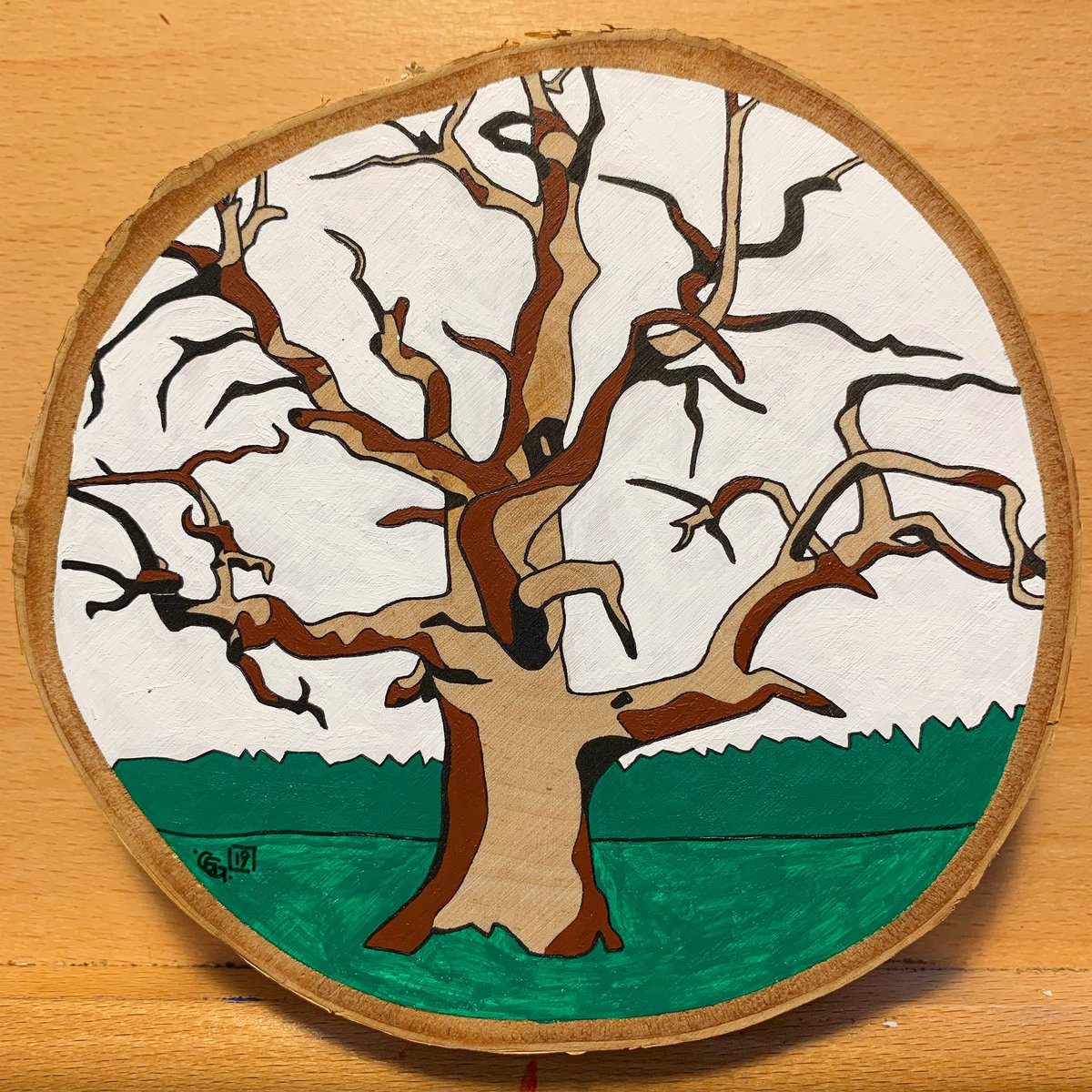 artofgg's tweet photo. New Week. New Tree Slice. #artofgg #painting #acrylicpainting #acrylics #simplicity #tree #sentinel #horizon #cloudy #deadtree #gnarledtree #artistsofinstagram #artistsoninstagram #micronpen #artistsonig #art #artist #natureart #treeart #earth #columbusartist #usartist https://t.co/JeRVhe224k