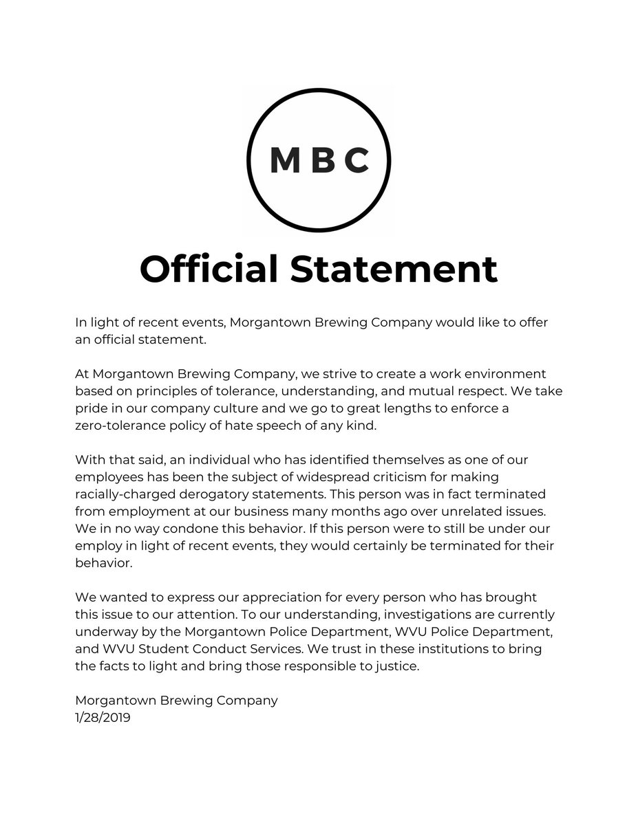 MgtnBrewCo's tweet photo. @ki_aali Official Statement by Morgantown Brewing Company about recent events: https://t.co/NZOSDFqFsF