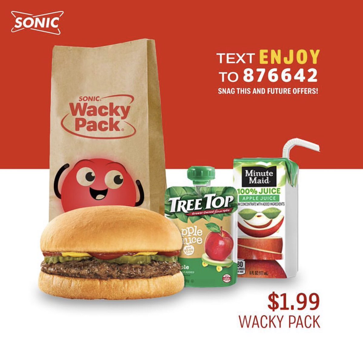 SONICofMD's tweet photo. Grab a Wacky Pack Kids Meals for just $1.99 ALL DAY 😍 Must mention/show text to get offer. Limit 5. Valid 1/28/2019 only. Text “ENJOY” to 876642 to grab this &amp; future deals📱 https://t.co/L90xzHiFJF