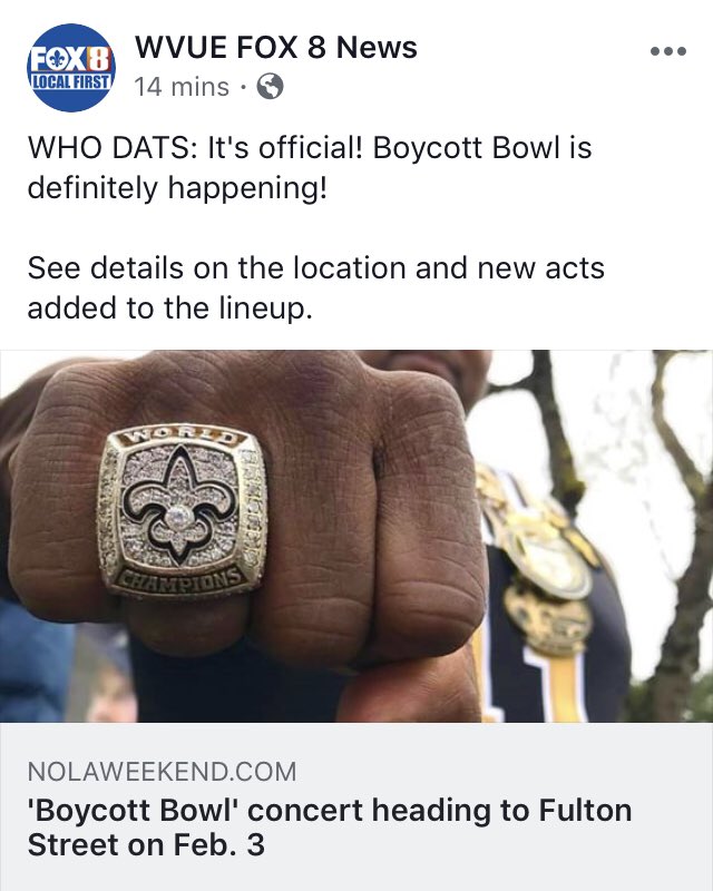 1NationDoddy's tweet photo. Oh yeah it’s official 💯💯🏈🏈 🚨🚨
#BoycottBowl going down in New Orleans .. Checkout the article.. #WhoDatNation #Saints #SaintsGameDay #Nfc #nola #music 

Link:https://t.co/89cdrzTLzP https://t.co/mzTeFbbxno
