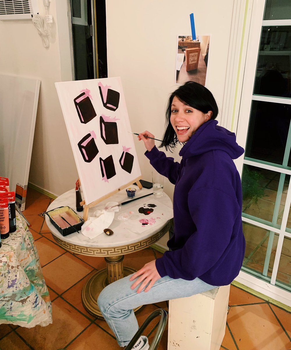 kflay's tweet photo. last night i painted a painting, something i haven’t done since my hs sophomore year art class where for some reason our teacher played drive by incubus on repeat. anyway i tried to paint a version books but they kinda ended up looking like toasters https://t.co/mBI8Z8ivF1