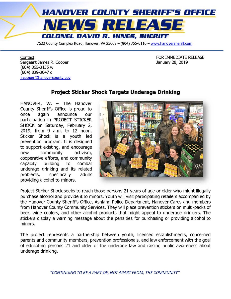 HanoverSheriff's tweet photo. Please see the attached #pressrelease regarding #ProjectStickerShock! This is an annual youth led prevention program to combat underage drinking! @HanoverSchools @HanoverVa https://t.co/ne56VJsIYE