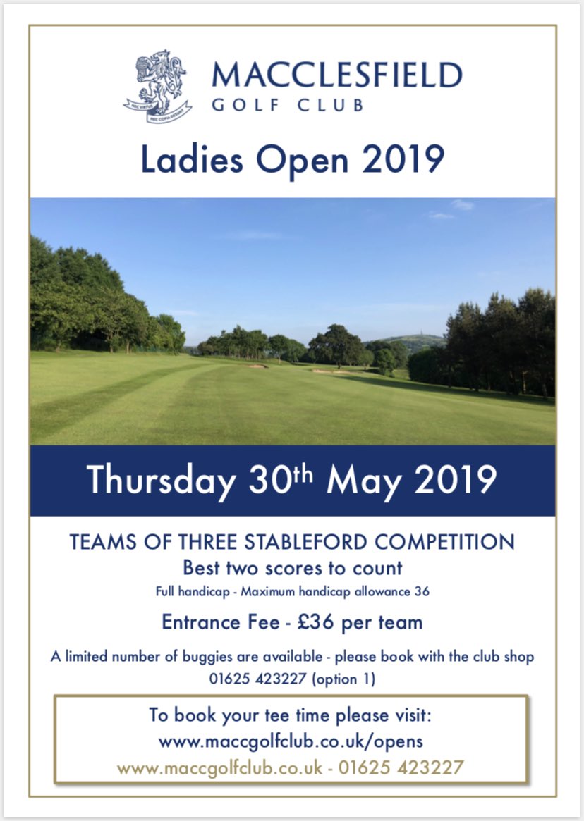 Maccgolf's tweet photo. Macclesfield Golf Club would like to welcome ladies to our wonderful club to enjoy the Ladies Open on Thursday 30th May. Book online now - https://t.co/V2Cqj0th6P https://t.co/Ncxgu6c8Dt