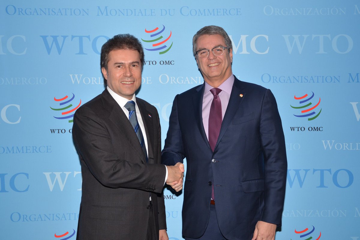 Pleased to welcome Minister Luis Alberto Castiglioni to the <a href="/WTO/">WTO</a> today &amp; hear about the role of the multilateral trading system in supporting #Paraguay's impressive growth and development. Paraguay is a big supporter of the WTO and is committed to strengthening it for the future