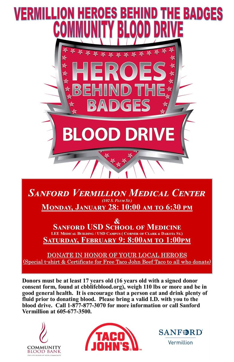 VFEMSD's tweet photo. Today's the day! Heroes behind the Badges blood drive! Time to show @VermillionPD who really runs this town! #VoteFire Also everyone who donates gets a free t-shirt and taco from Taco John's! Retweet to get the word out! https://t.co/RN9PPL5av2