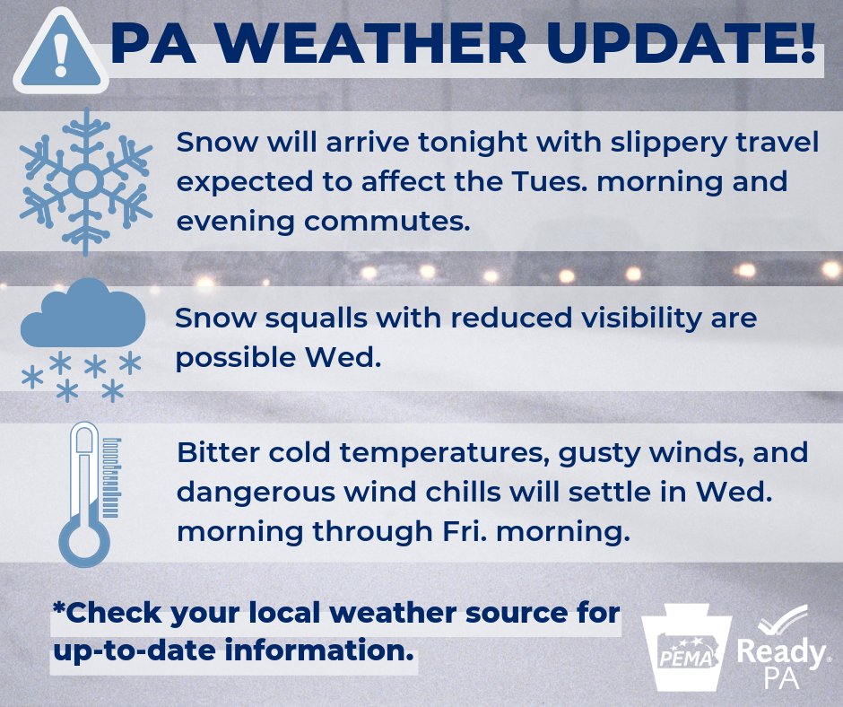 PEMAHQ's tweet image. #PAWX UPDATE: Looks like a wintry week in PA (via @JeffJumperWX)! We can expect #snow Tues., potential #snowsqualls Wed, &amp;amp; bitter #cold temps &amp;amp; strong winds Wed-Fri. Stay inside if possible during snow &amp;amp; extreme cold. If you must go outside, bundle up &amp;amp; make short trips. #ReadyPA