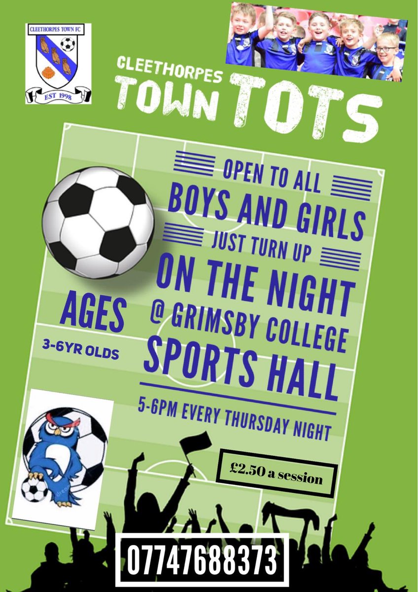 CleeTownFC's tweet photo. Starts this Thursday at the ⁦@gifhe⁩ sports hall! All welcome, we want as many youngsters enjoy football as possible - book through the number of simply turn up at register pls Share and RT this running alongside our ⁦@CleeWildcats⁩ on the other court 🦉🦉🦉 https://t.co/6BET5qGkKX