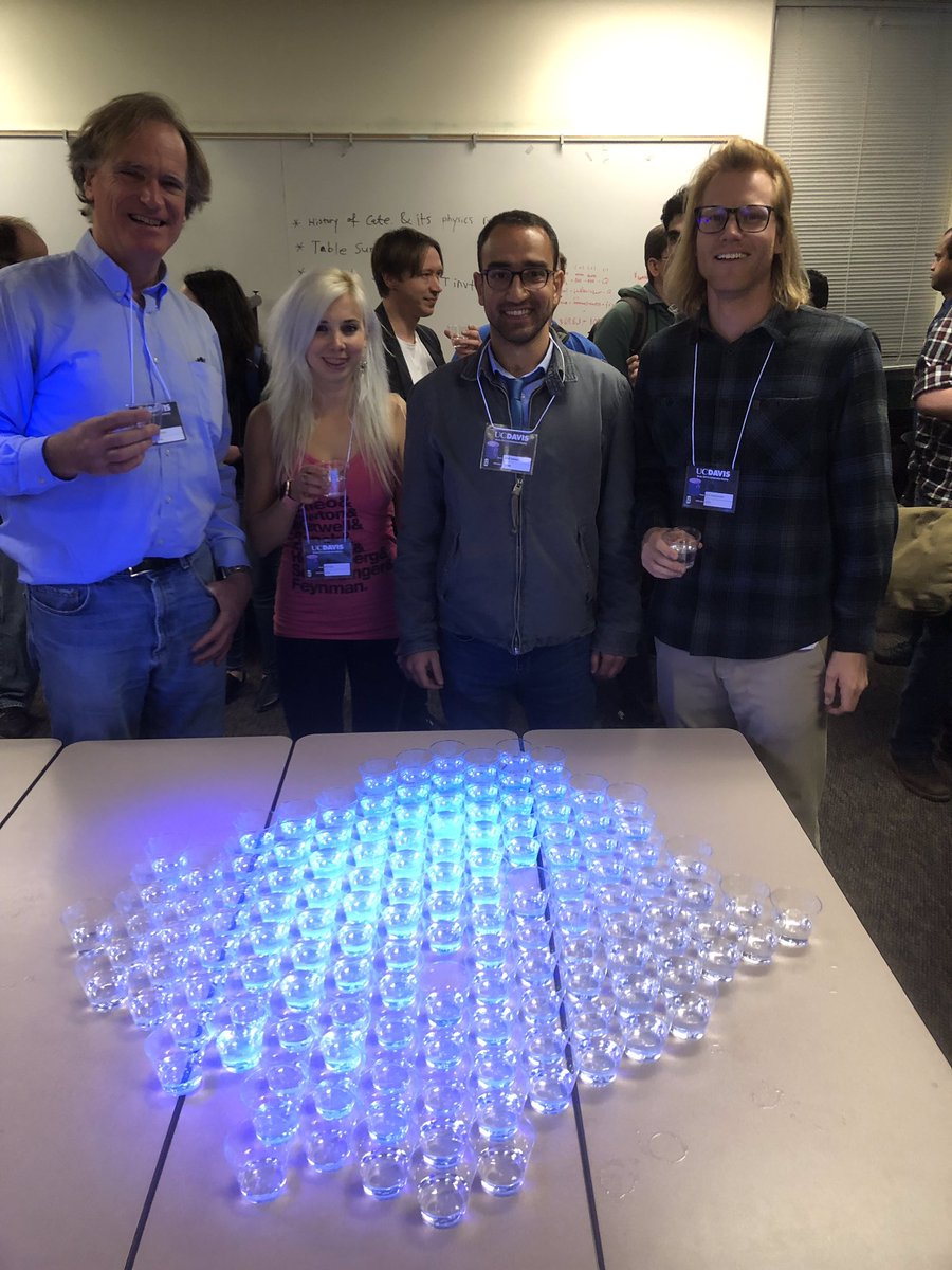 agirliknow's tweet photo. The UCSB G&amp;T array - painstakingly put together in the exact formation of the LZ bottom PMT array, &amp; glowing under UV to celebrate liquid scintillator production at BNL ✨😇🍸 #ginspiring #inginious https://t.co/QPVYxAnoYq
