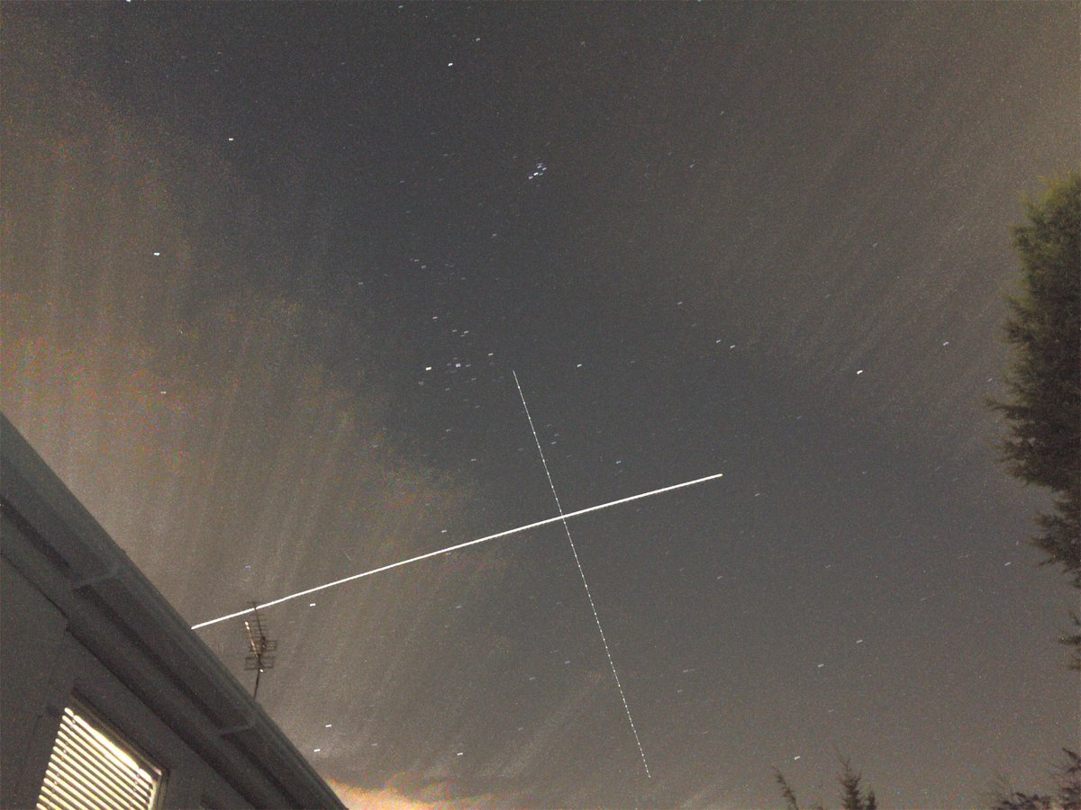 FionaWilson73's tweet photo. Considering my phone fell off the tripod... twice!... I think this is OK for a tail end shot.  Really bright tonight.  @VirtualAstro @NightCapApp #SpotTheStation #ISS https://t.co/rX98IF7rGR